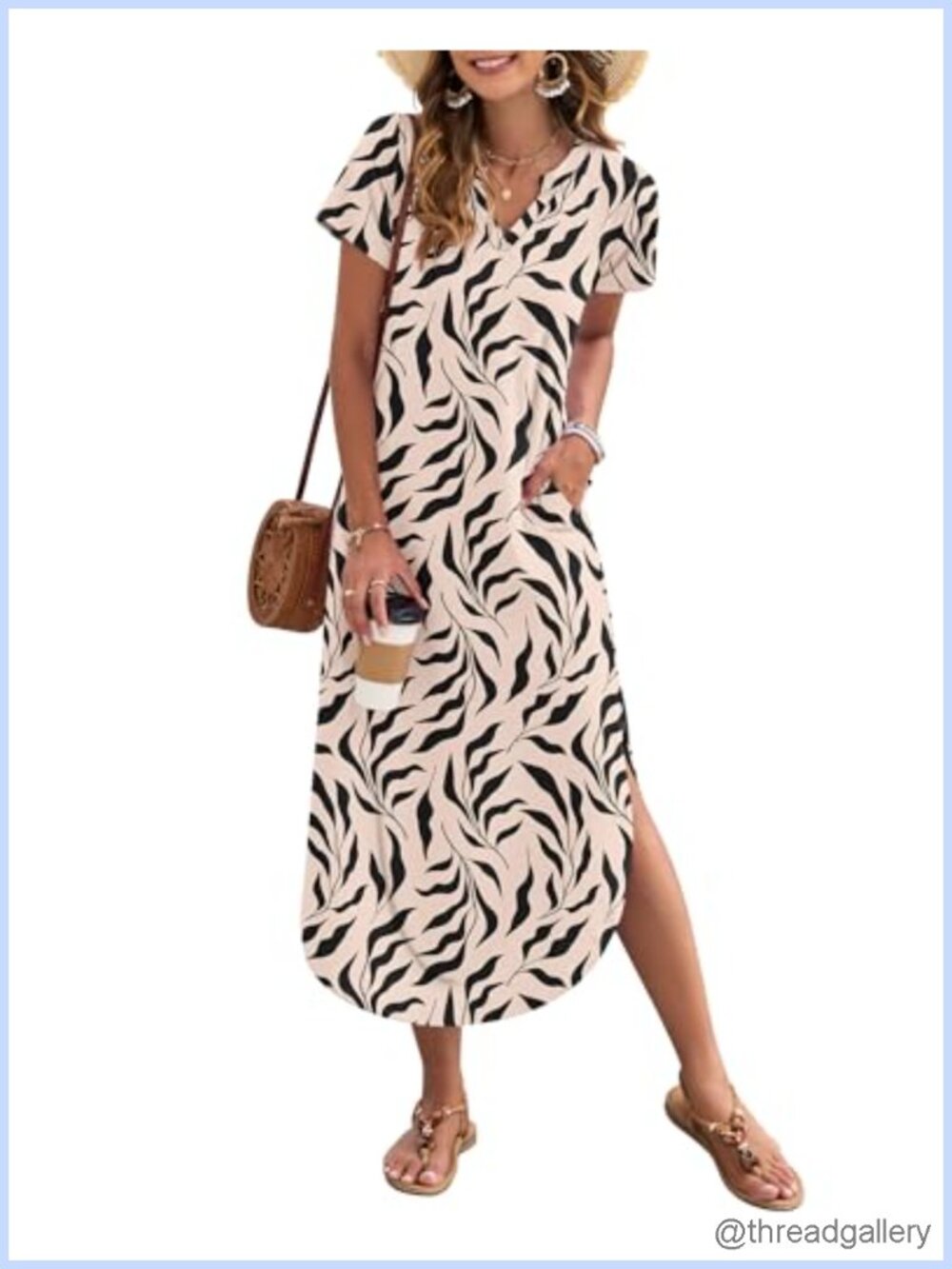 Women's Summer Maxi Dress Short Sleeve Notched V Neck Pockets Loose Fit